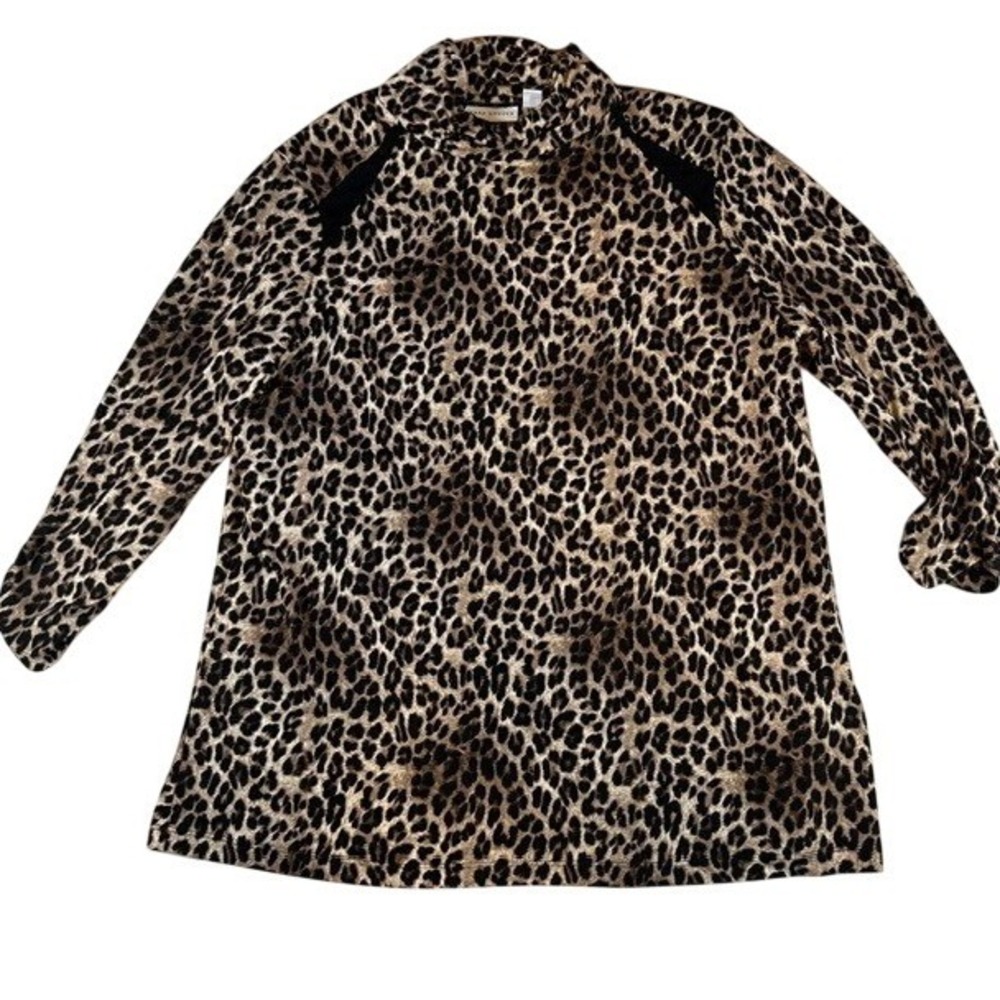 Susan Graver Women's Black Tan Leopard Animal Print 3/4 Sleeve Blouse LG